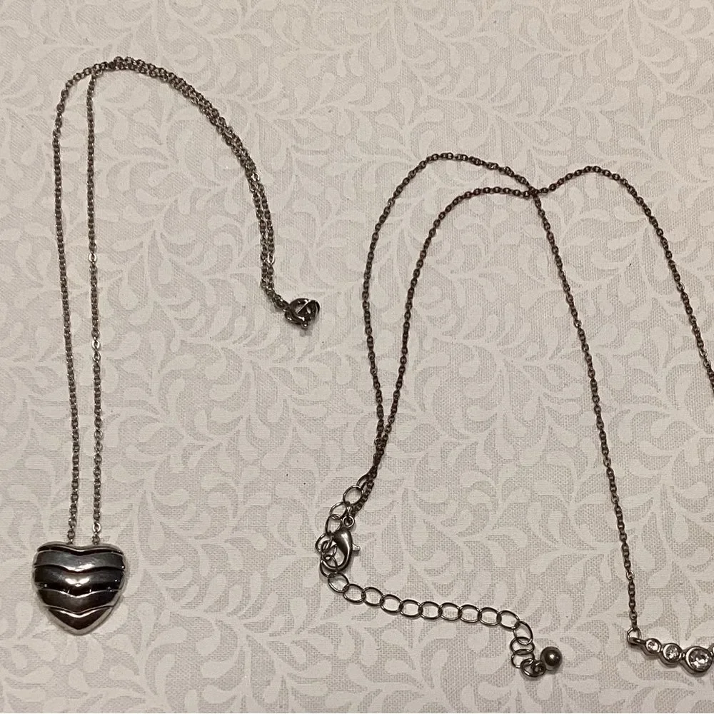 Two  Necklaces Silvertone Chain w/Heart and Coppertone Chain with Faux Crystals